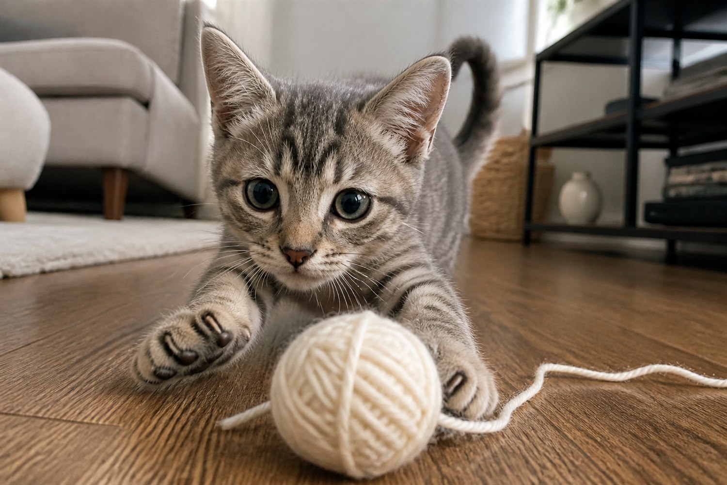 Tilly pouncing on yarn