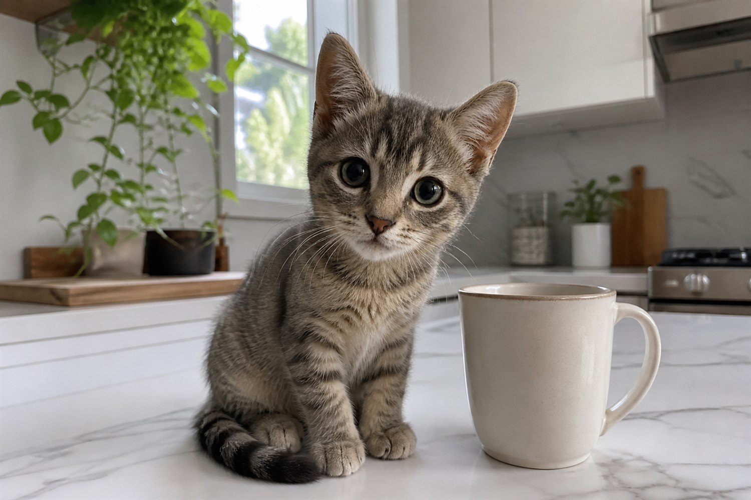 Tilly on the kitchen counter