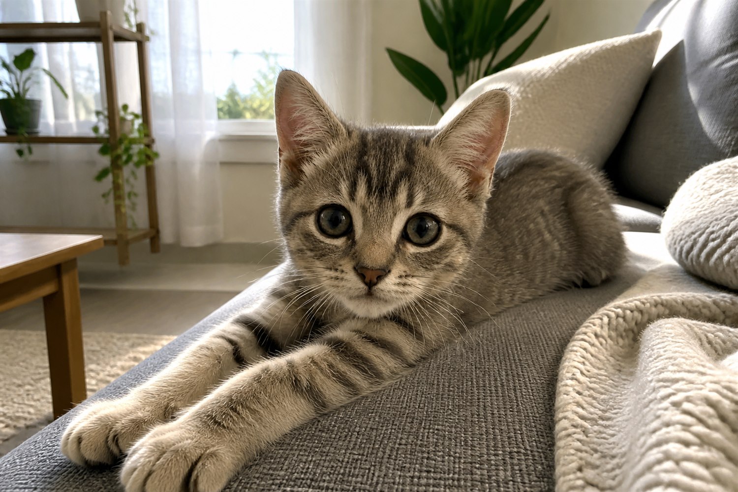 Tilly stretching on the sofa