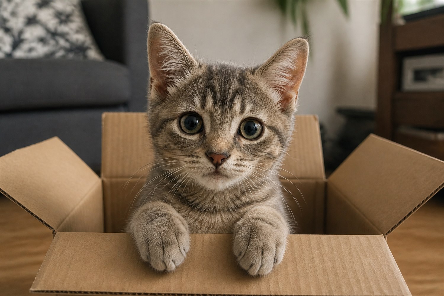 Tilly sitting in a cardboard box