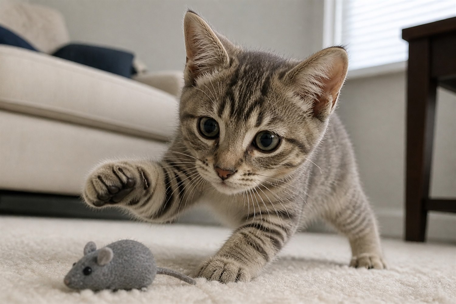 Tilly playing with a toy mouse